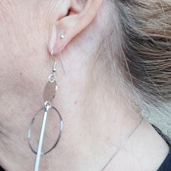 Earrings Silver Dangle Long Circle Boho - Picture 5 of 10